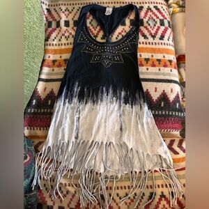 American Age Boho Black/Grey Tie Dye Fringe Top